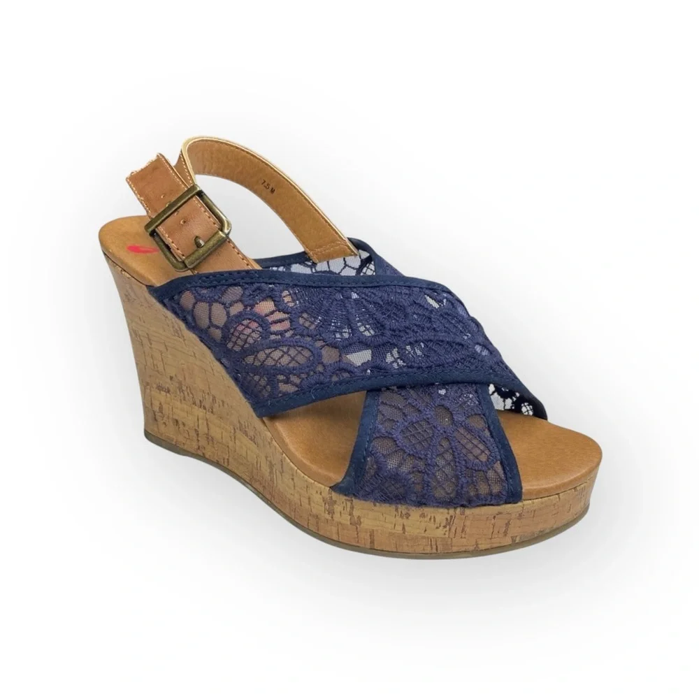 Jellypop  Peaches Lace Platform Slingback Wedge Heel Espadrille Sandal  Navy 